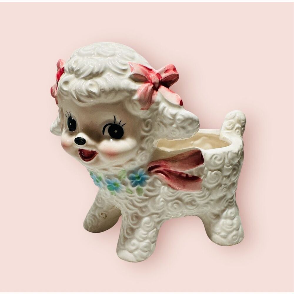 Vintage 1960s Rub-End Originals Made in Japan Spaghetti Ceramic Lamb Pink Baby J